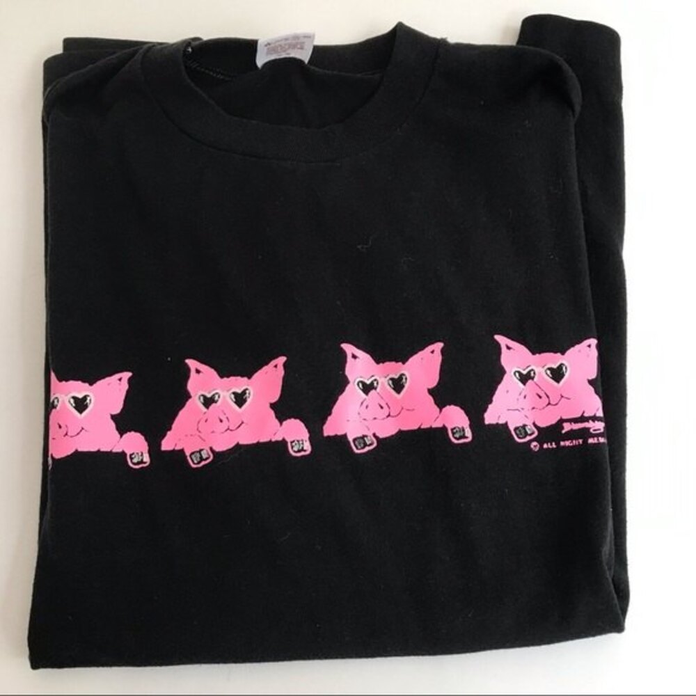 Vintage Single Stitch Black T Shirt Four 4 Pink Pigs Heart Glasses Size Large